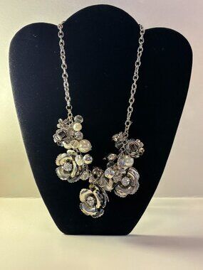Silver Tone Metal Floral Charms, Crystals and Faux Pearls Statement Necklace